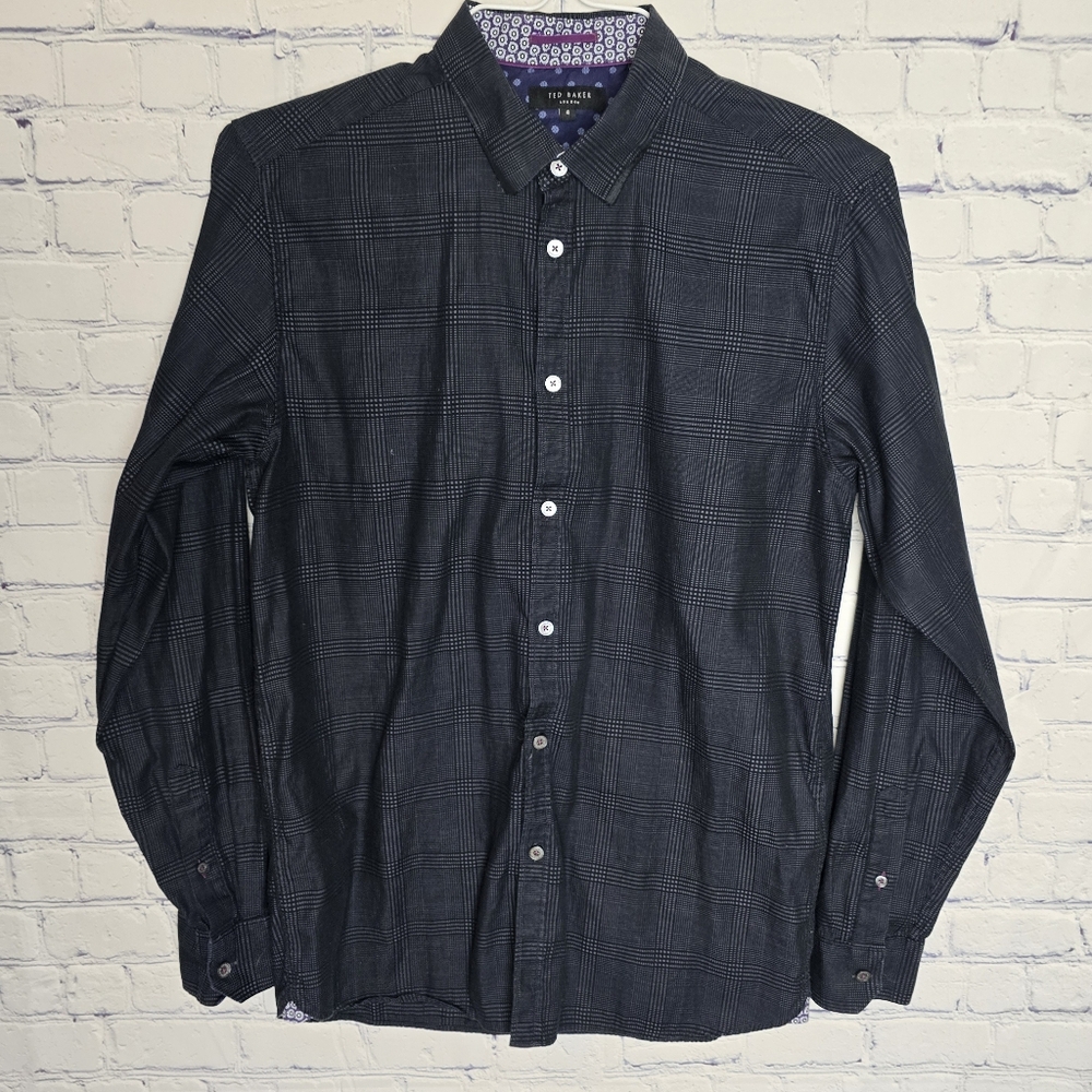 Ted Baker London 100% Cotton Dark Checkered Button Down Shirt Size 4